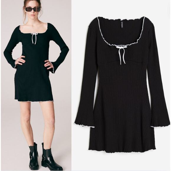 H&M Divided Womens Wednesdaycore Goth Square Neck Ribbed Mini Dress Size M Black - Picture 1 of 7